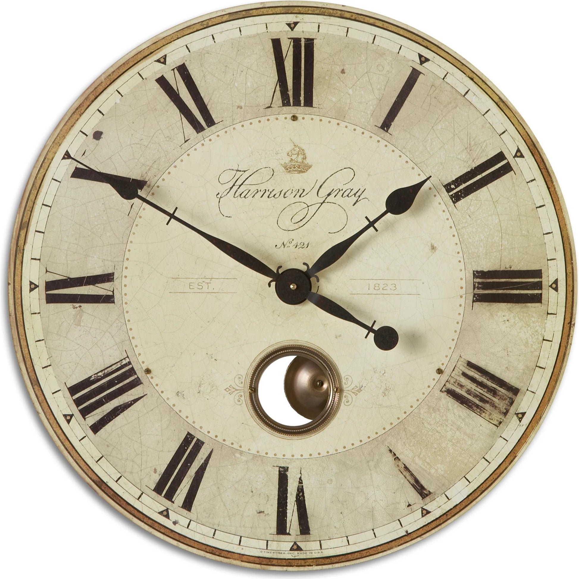 Harrison Clock by Uttermost in gray. Made from mdf, brass, aluminum in a traditional style.