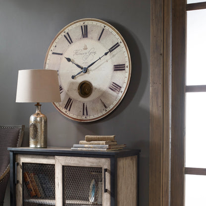 Harrison Clock by Uttermost in gray. Made from mdf, brass, aluminum in a traditional style.