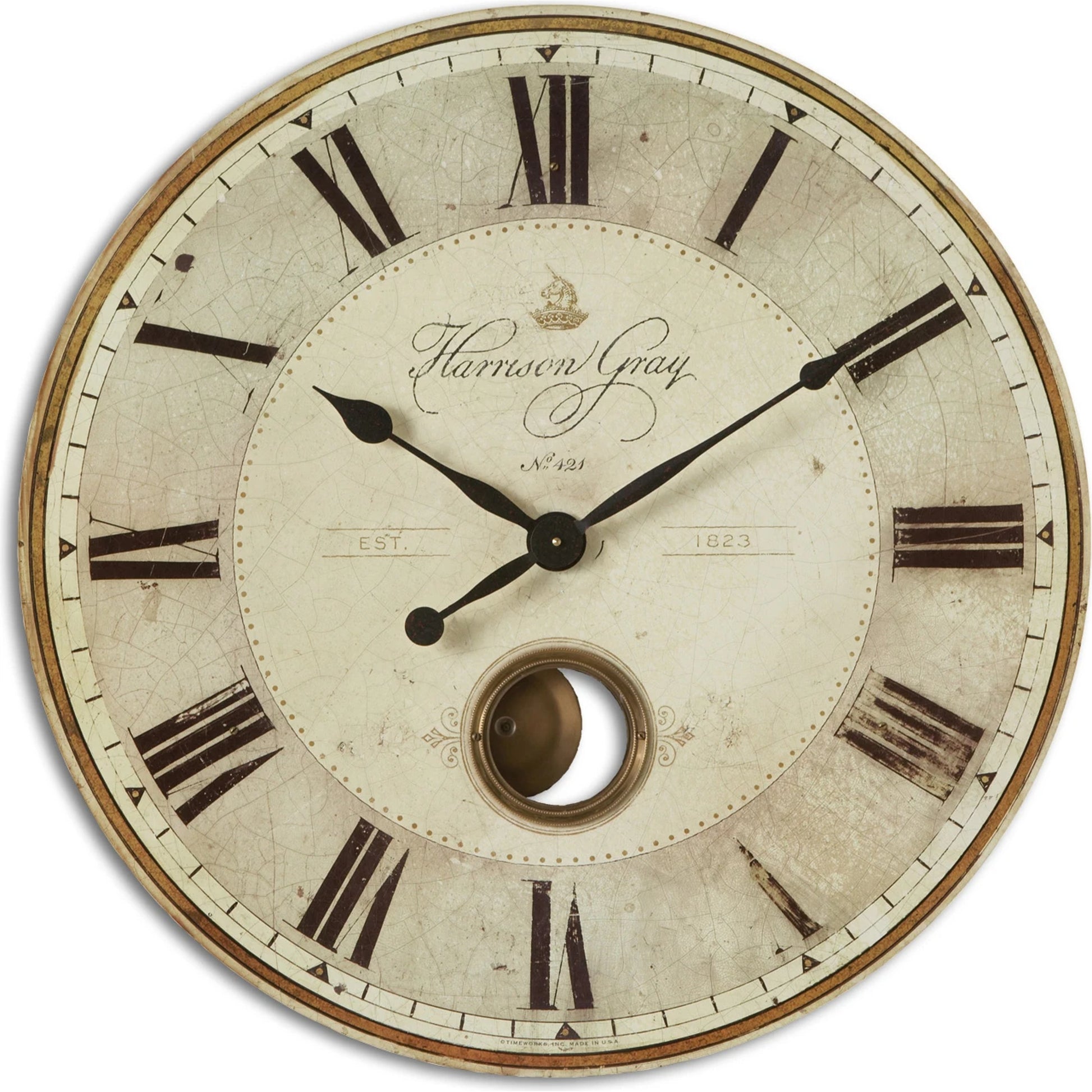 Harrison Clock by Uttermost in gray. Made from mdf, brass, aluminum in a traditional style.