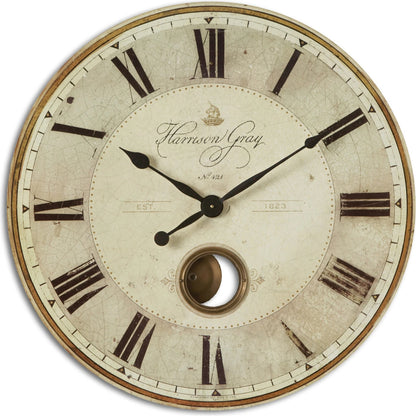 Harrison Clock by Uttermost in gray. Made from mdf, brass, aluminum in a traditional style.