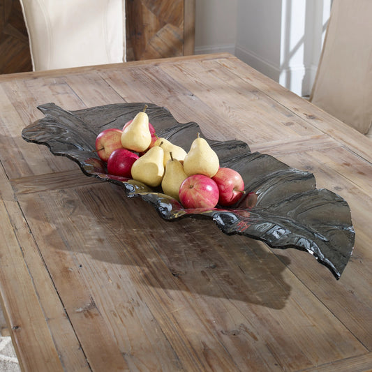 Smoked Leaf Glass Tray by Uttermost. Made from glass in a modern style.