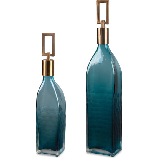 Annabella Teal Glass Bottles (Set of 2) by Uttermost. Made from glass, iron in a modern style.