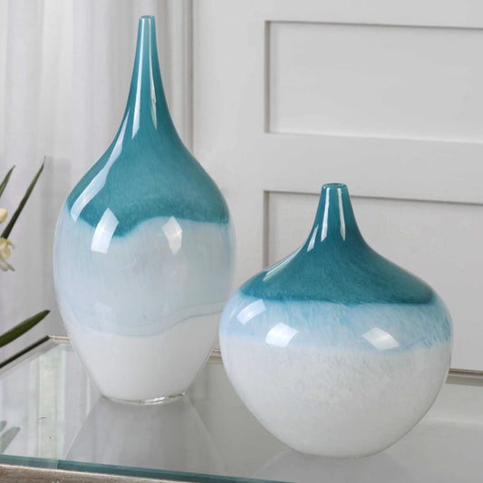 Carla Vases (Set of 2) by Uttermost in white. Made from glass in a modern style.