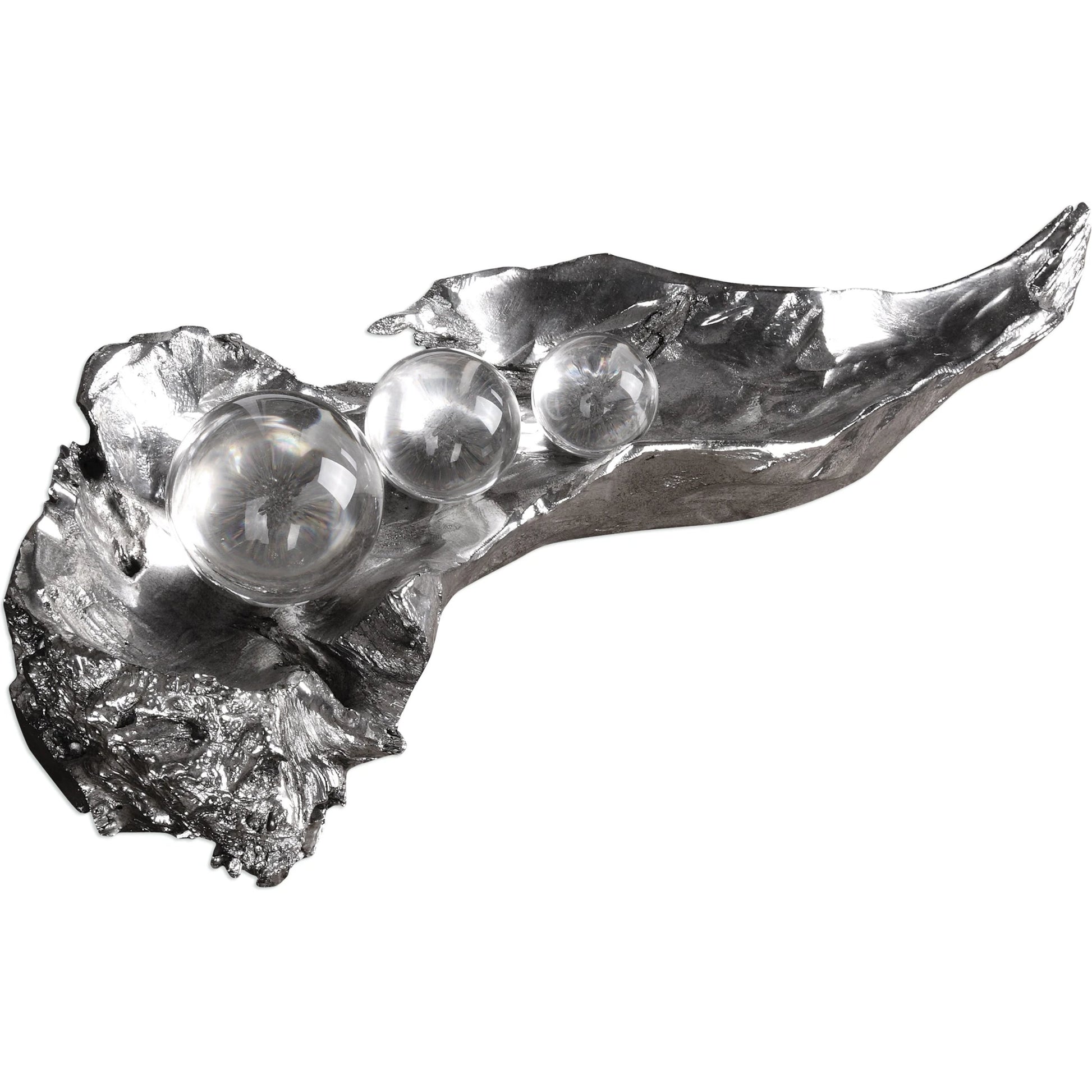 Three Peas in a Pod Metallic Sculpture by Uttermost. Made from resin, crystal in a modern style.