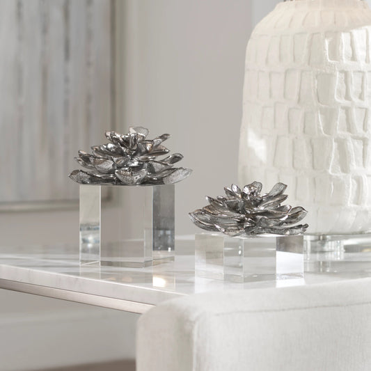 Indian Lotus Flowers (Set of 2) by Uttermost in silver. Made from crystal, resin in a modern style.
