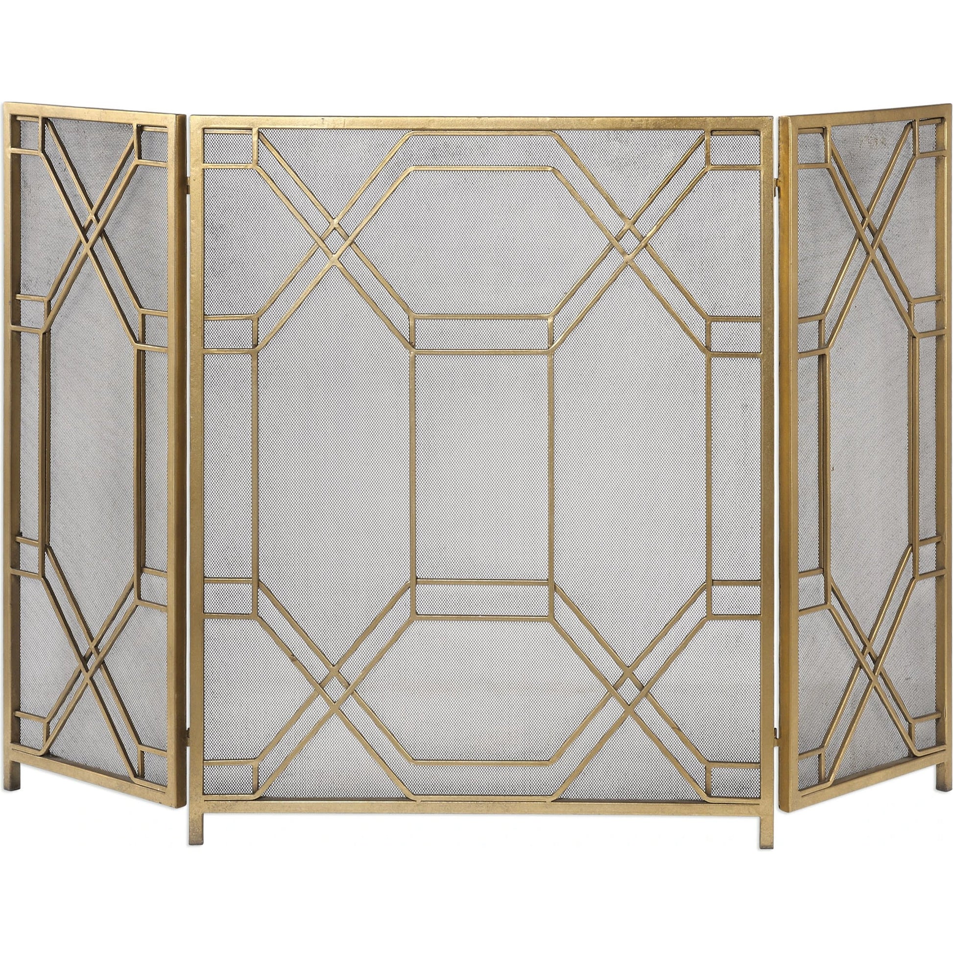 Rosen Fireplace Screen by Uttermost in gold. Made from metal in a traditional style.