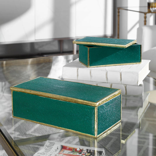 Karis Emerald Green Boxes by Uttermost. Made from polyresin in a transitional style.