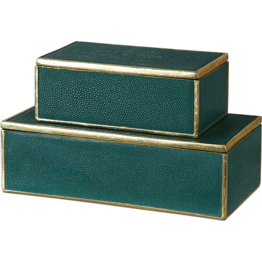 Karis Emerald Green Boxes by Uttermost. Made from polyresin in a transitional style.
