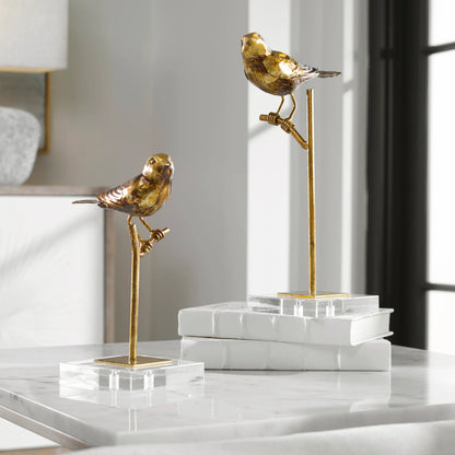 Passerines Bird Sculptures (Set of 2) by Uttermost. Made from polyresin, iron, crystal in a cottage & farmhouse style.
