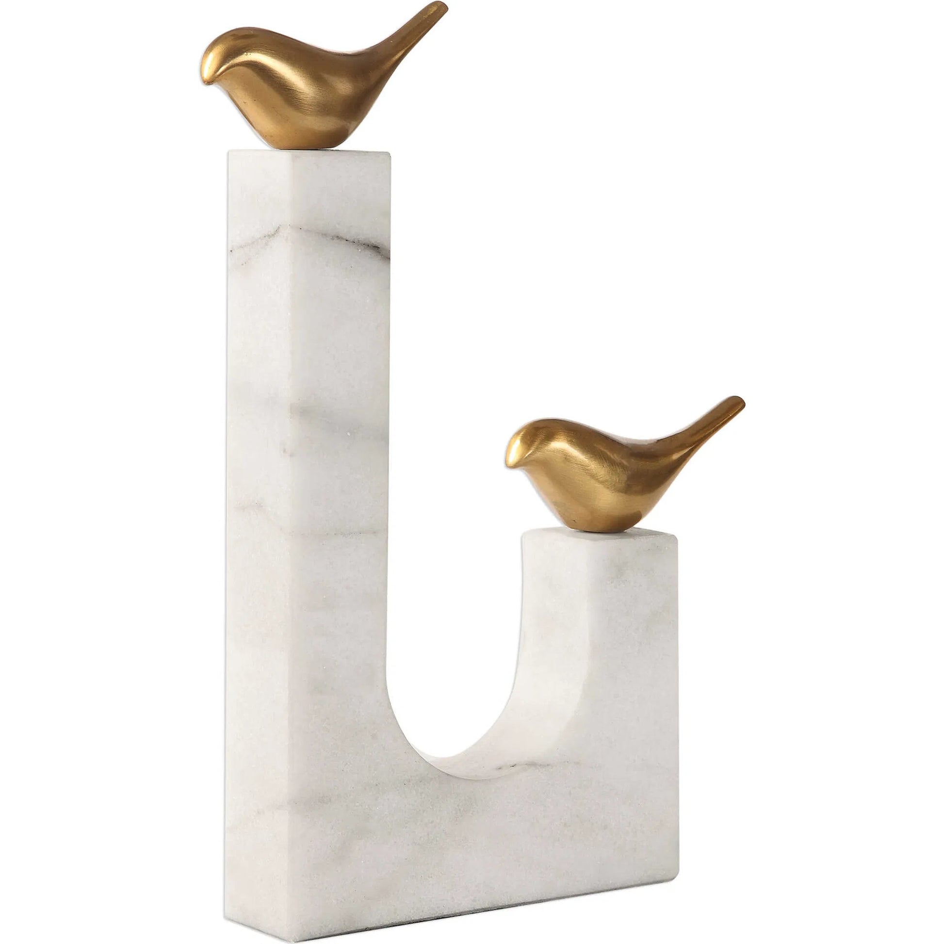 Songbirds Brass Sculpture by Uttermost in white, brushed brass. Made from brass, marble in a modern style.