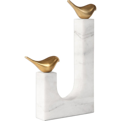Songbirds Brass Sculpture by Uttermost in white, brushed brass. Made from brass, marble in a modern style.