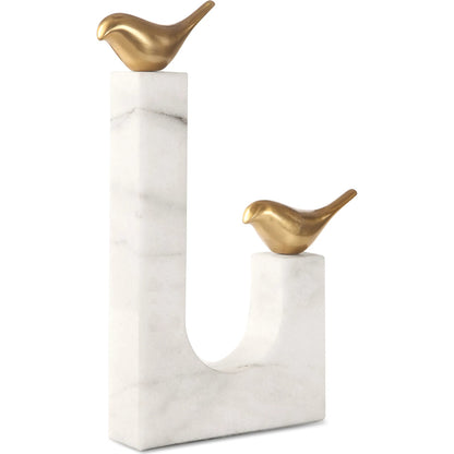 Songbirds Brass Sculpture by Uttermost in white, brushed brass. Made from brass, marble in a modern style.