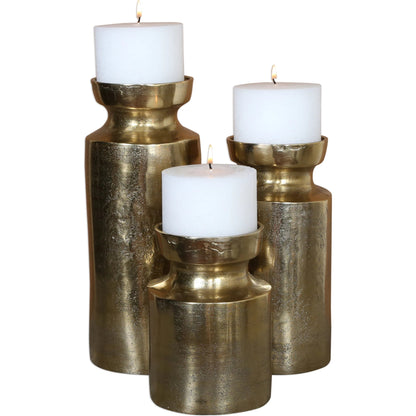 Amina Antique Brass Candleholders by Uttermost. Made from aluminum, wax in a eclectic & global style.