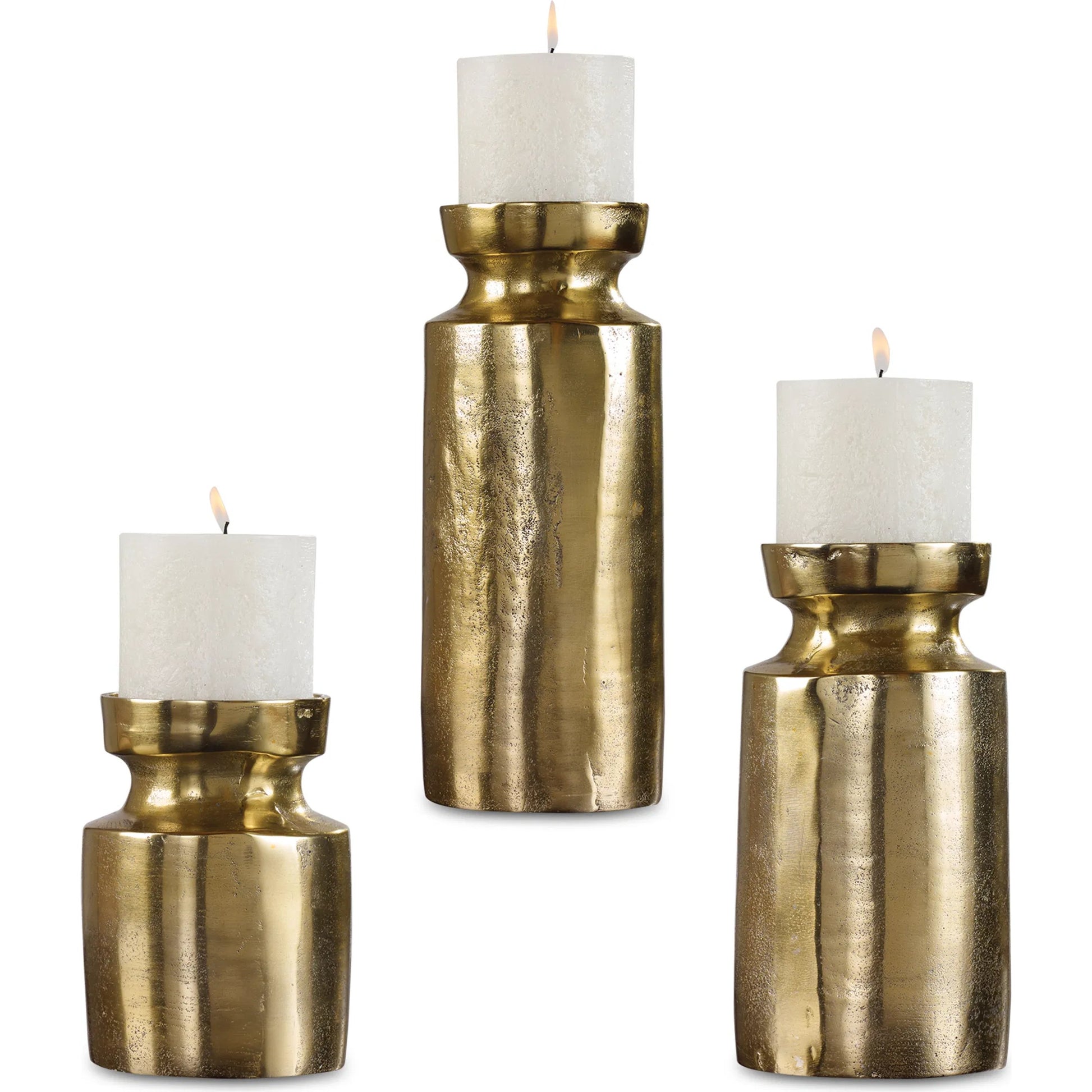 Amina Antique Brass Candleholders by Uttermost. Made from aluminum, wax in a eclectic & global style.