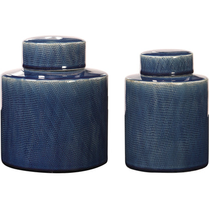 Saniya Blue Containers by Uttermost in blue. Made from ceramic in a transitional style.