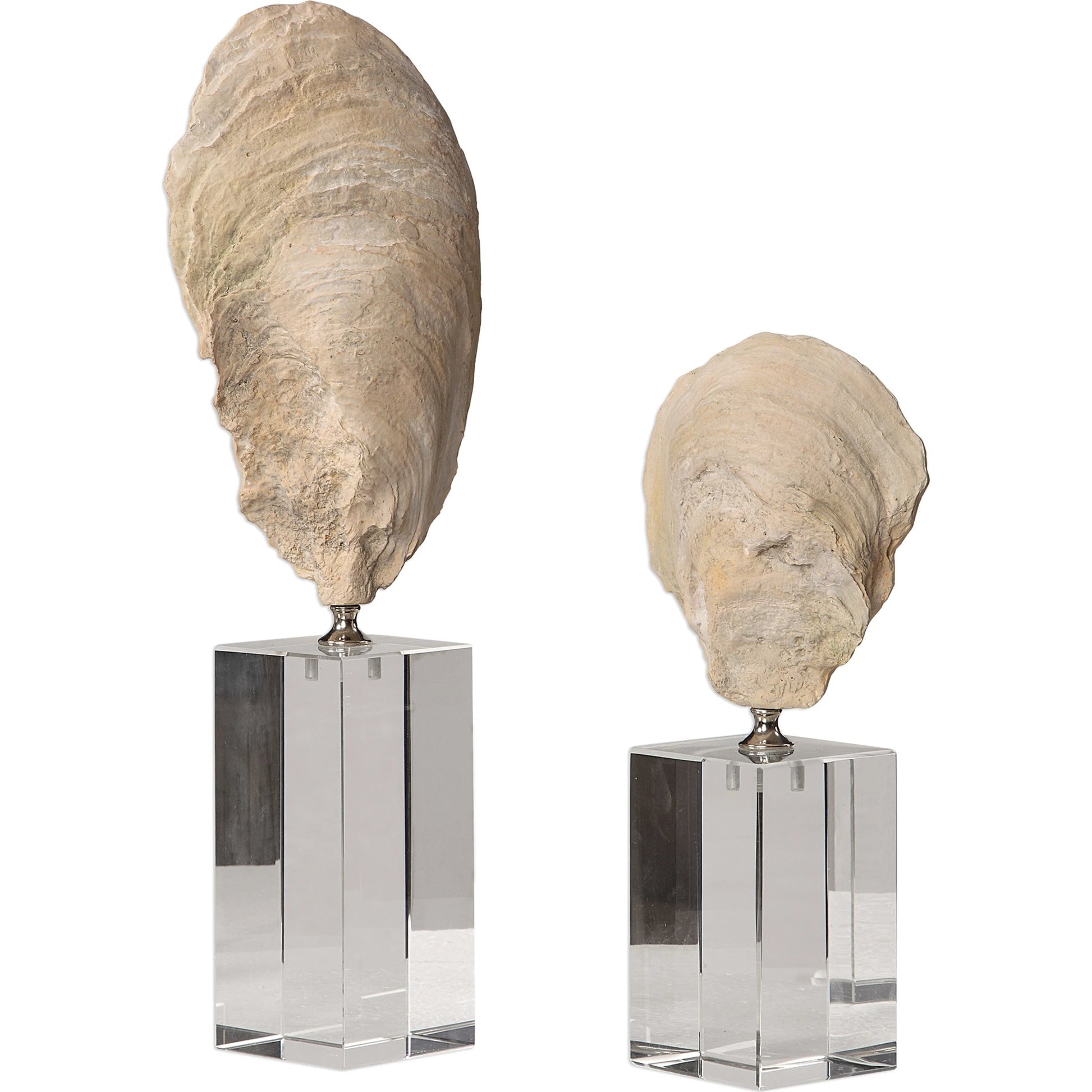Oyster Shell Sculptures by Uttermost. Made from resin, crystal, stainless steel in a coastal style.