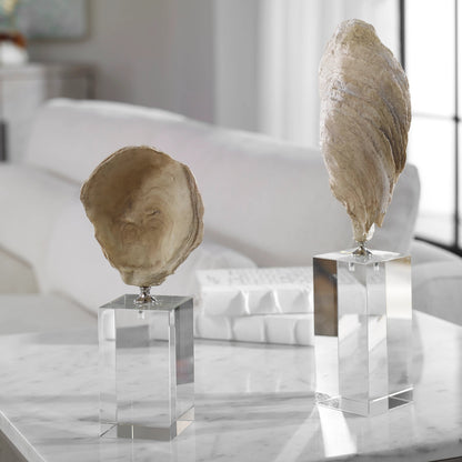 Oyster Shell Sculptures by Uttermost. Made from resin, crystal, stainless steel in a coastal style.