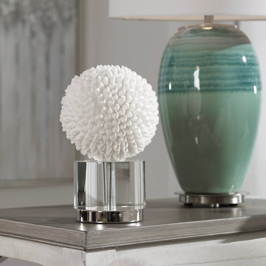 Cascara Sculpture by Uttermost in white. Made from resin, crystal, steel in a coastal style.