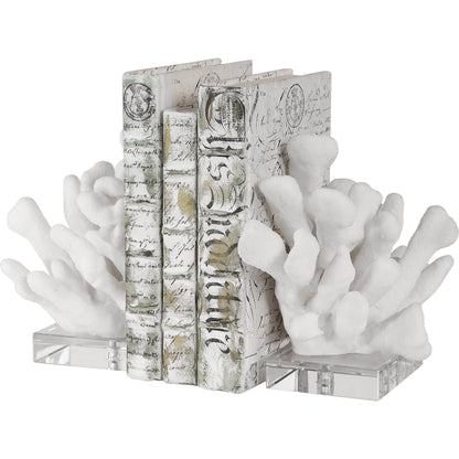 Charbel Bookends by Uttermost in white. Made from resin, k9cystal in a coastal style.
