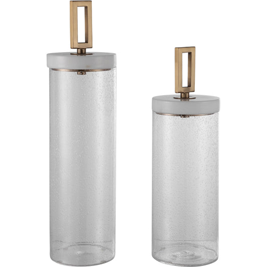 Hayworth Containers by Uttermost in white, brushed brass. Made from glass, marble, iron in a transitional style.