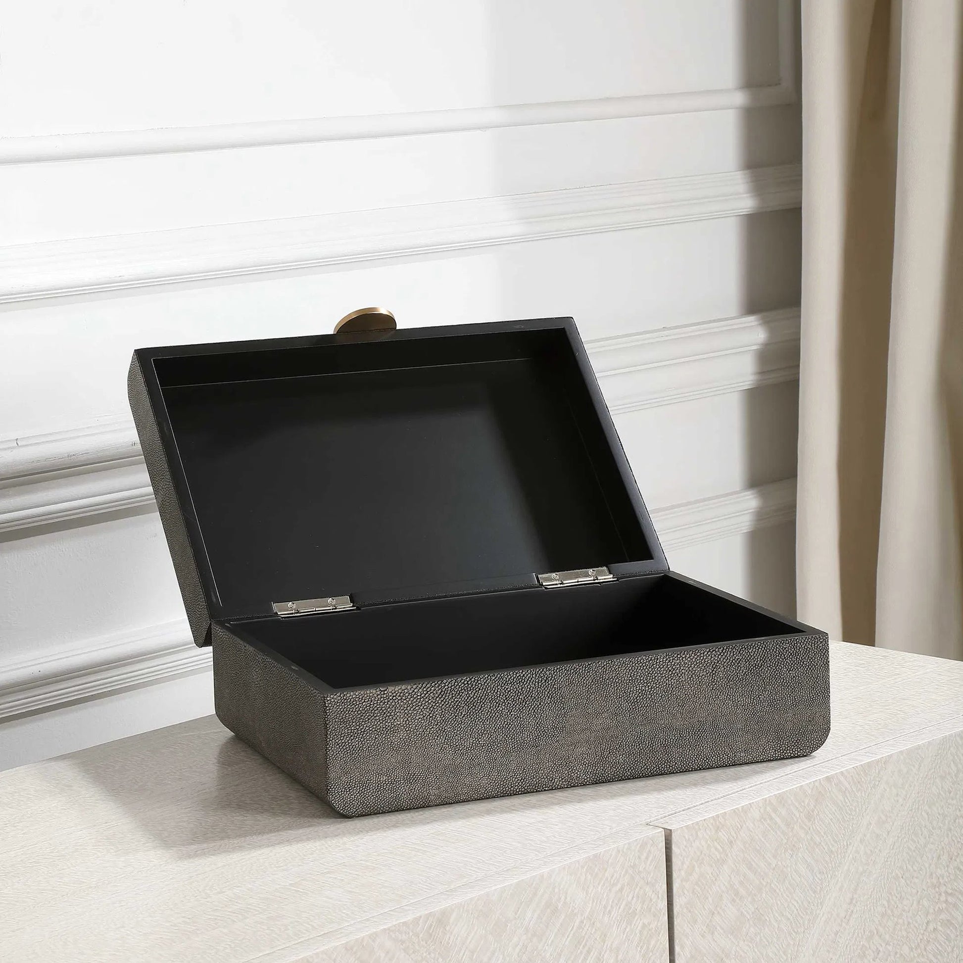 Lalique Box by Uttermost in multi and smoke gray. Made from mdf 85%, pu fabric 10%, other 5% in a eclectic & global style.
