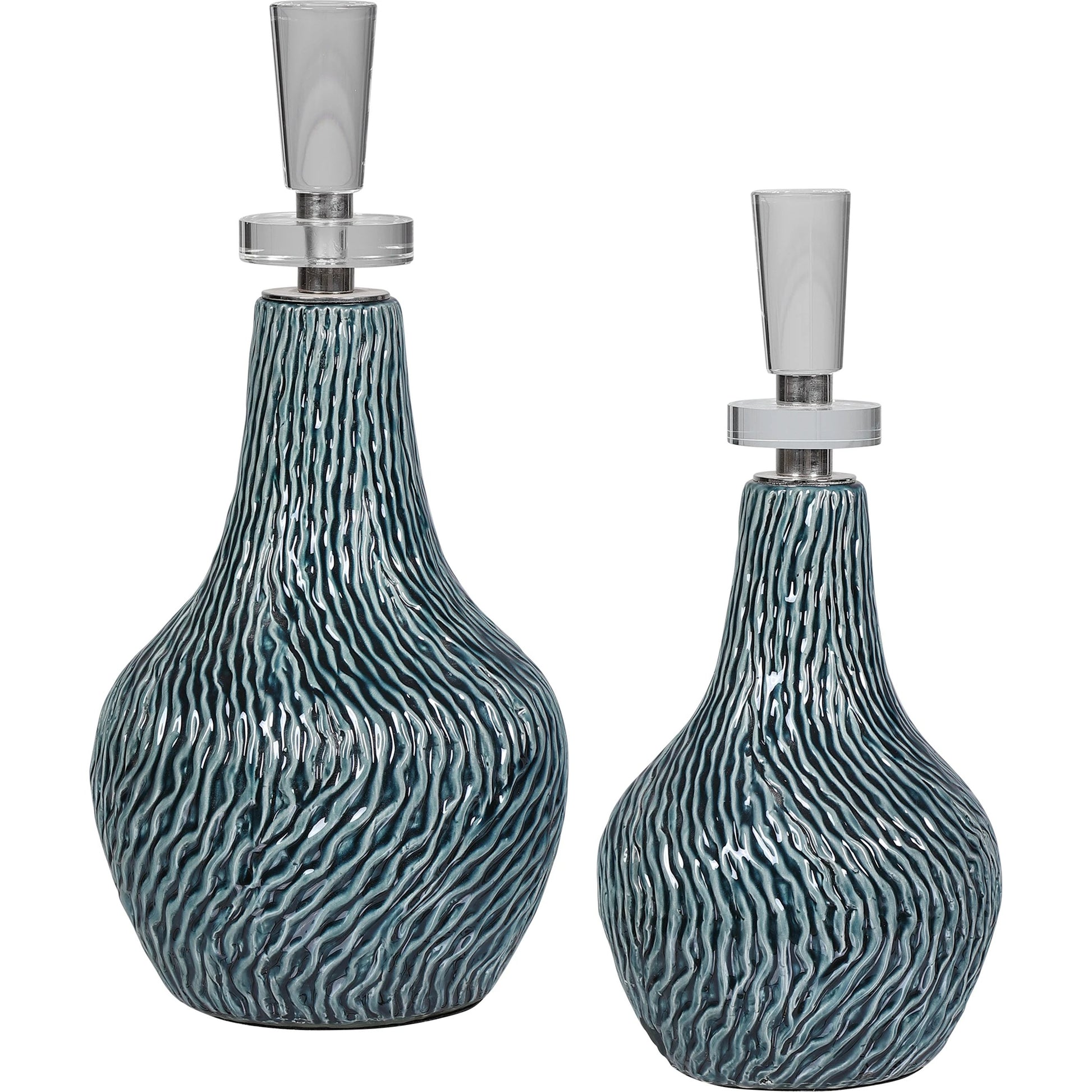 Almera Dark Bottles by Uttermost in teal. Made from ceramic, crystal, iron in a coastal style.