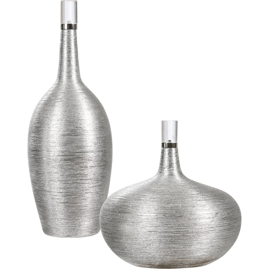 Gatsby Bottles by Uttermost in silver. Made from ceramic, steel, crystal in a modern style.