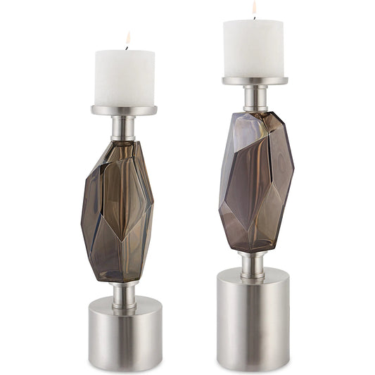 Ore Candleholders by Uttermost in silver. Made from iron, glass in a modern style.