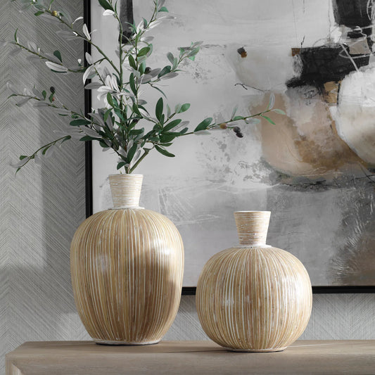 Islander Washed Vases by Uttermost in white washed. Made from terracota, bamboo in a modern style.