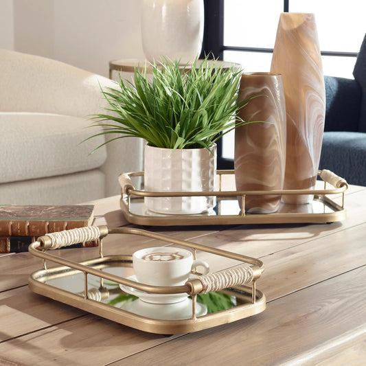 Rosea Trays by Uttermost in gold. Made from metal, rope, mdf, mirror in a modern style.