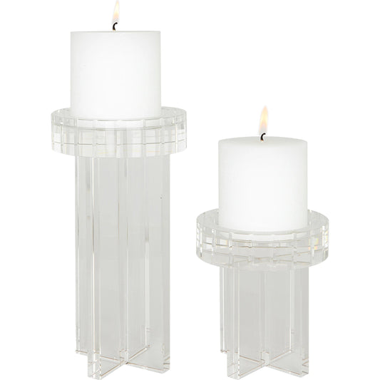 Crystal Pillar Candleholders by Uttermost in clear. Made from crystal in a modern style.