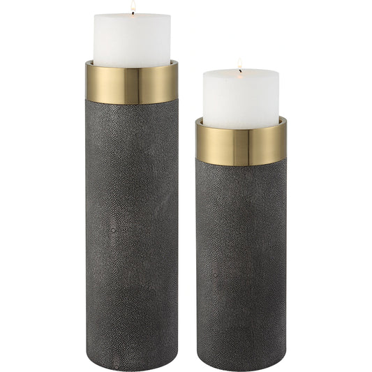 Wessex Candleholders by Uttermost in gray, antique brushed brass. Made from metal, plastic, shargreen pu, candle in a modern style.