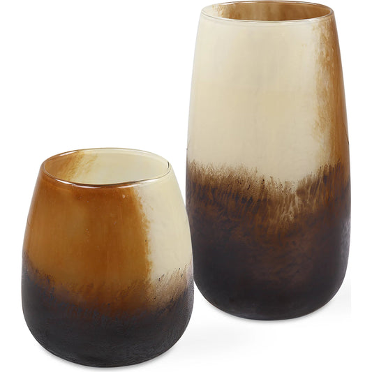 Desert Wind Vases by Uttermost in sand, rust, dark bronze. Made from glass in a modern style.