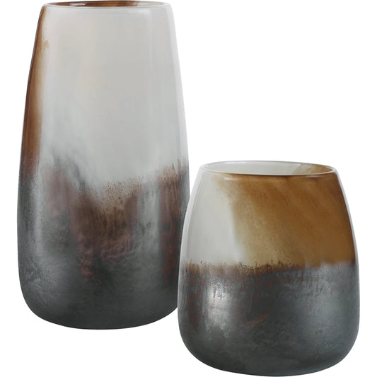 Desert Wind Vases by Uttermost in sand, rust, dark bronze. Made from glass in a modern style.