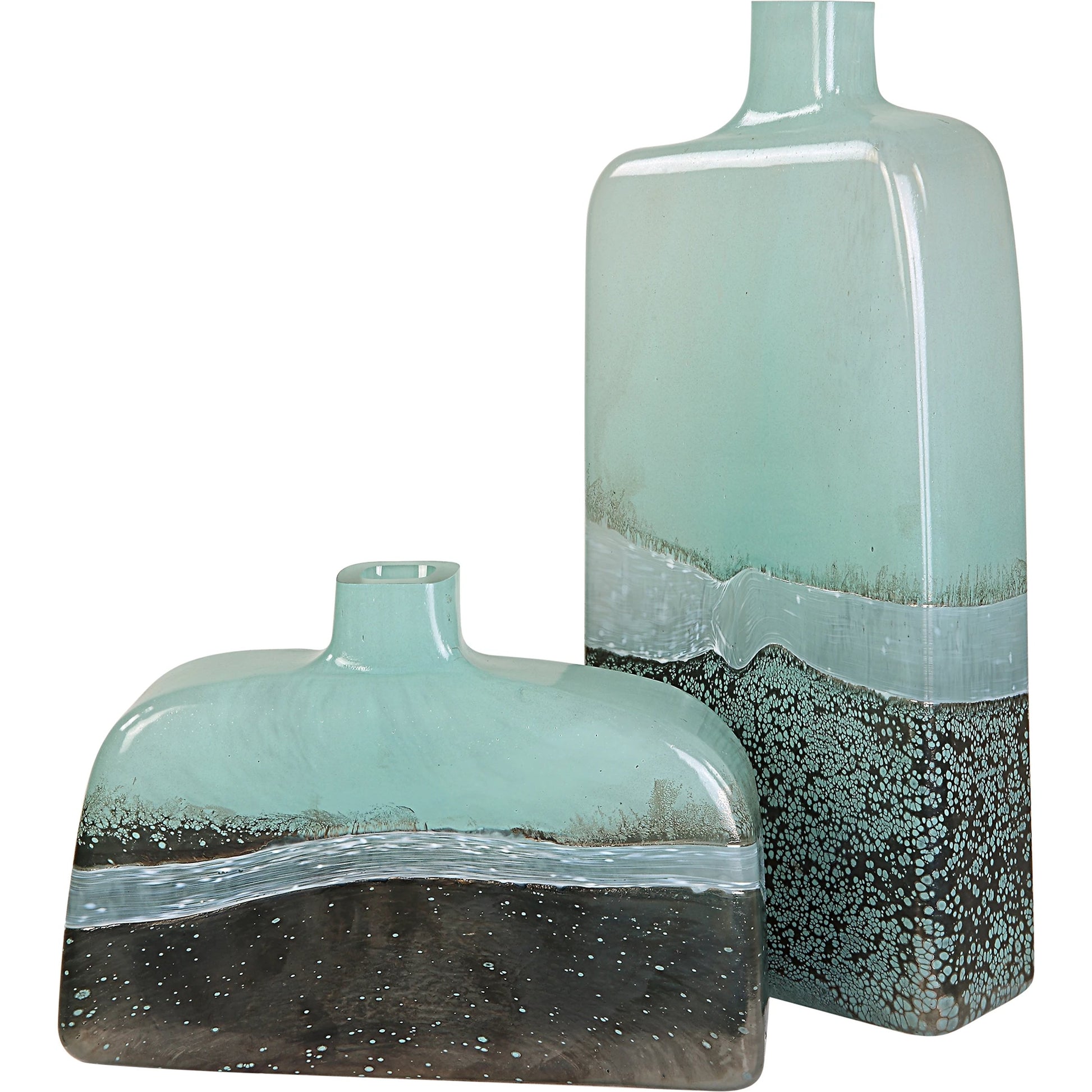 Fuze Vases by Uttermost in aqua, bronze. Made from glass in a modern style.
