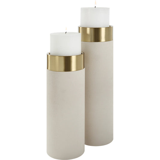 Wessex Pillar Candleholders by Uttermost in brass. Made from iron 50%, pu leather 10%, other 40% in a modern style.