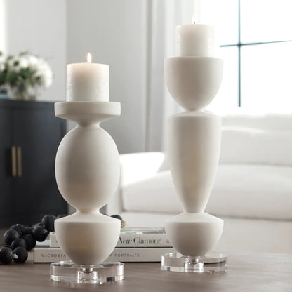 Lido Candleholders by Uttermost in white. Made from rice stone, crystal, metal in a modern style.