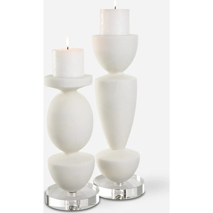 Lido Candleholders by Uttermost in white. Made from rice stone, crystal, metal in a modern style.