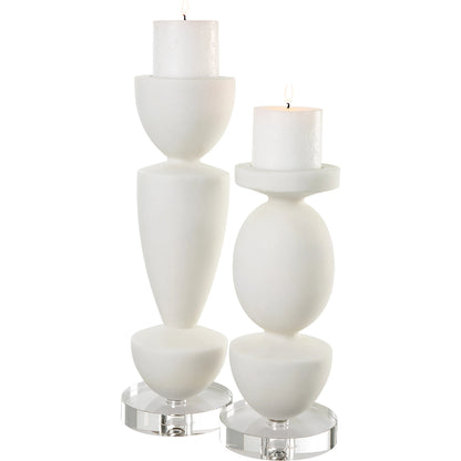Lido Candleholders by Uttermost in white. Made from rice stone, crystal, metal in a modern style.