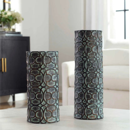 Baltra Patina Vases by Uttermost in bronze. Made from ceramic in a rustic style.