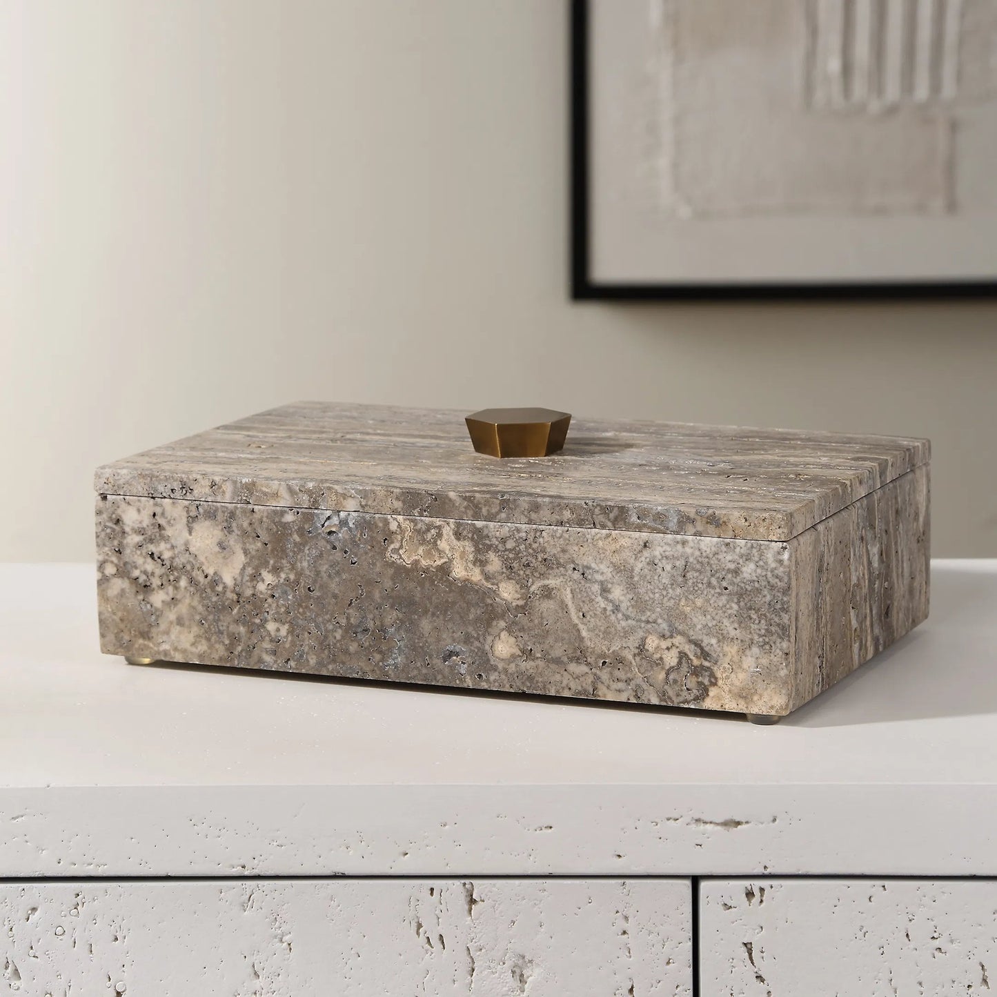 002 SI-2262191 | Lifestyle | Griseus Travertine Box by Uttermost in bronze. Made from travertine, metal in a transitional style.