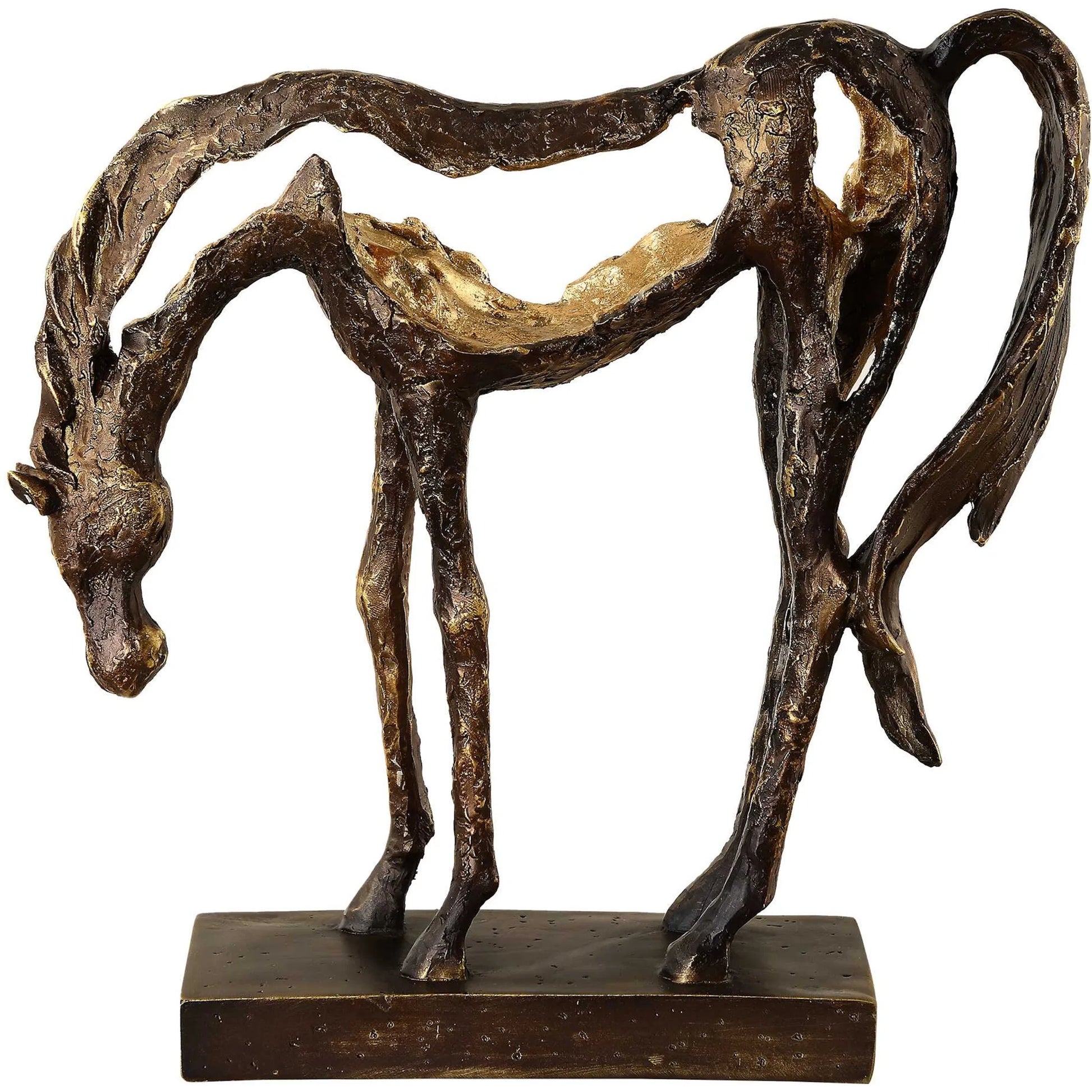 Openly Grazing Horse Sculpture by Uttermost in antique bronze. Made from polyresin in a unique style.