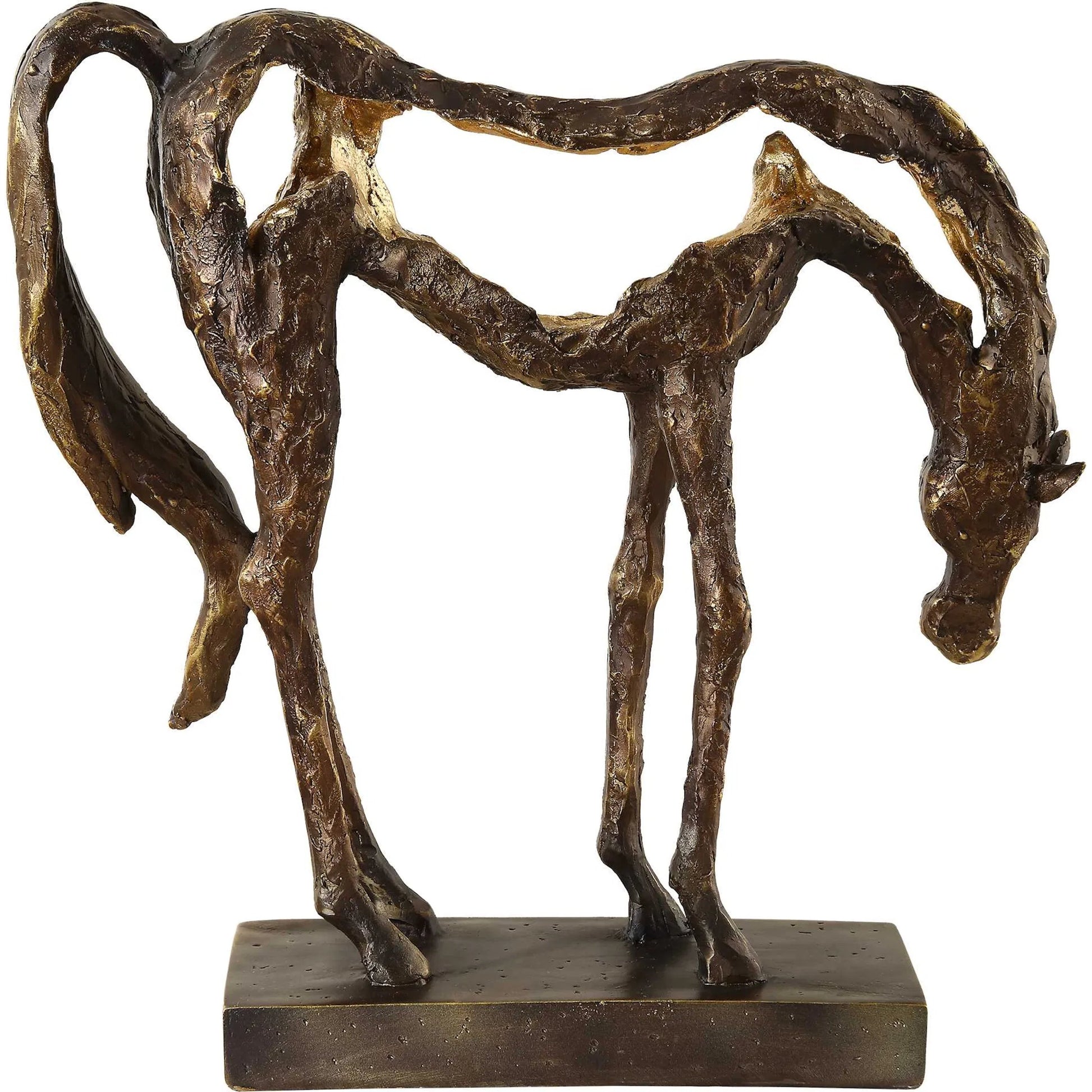 Openly Grazing Horse Sculpture by Uttermost in antique bronze. Made from polyresin in a unique style.