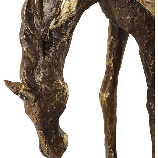Openly Grazing Horse Sculpture by Uttermost in antique bronze. Made from polyresin in a unique style.