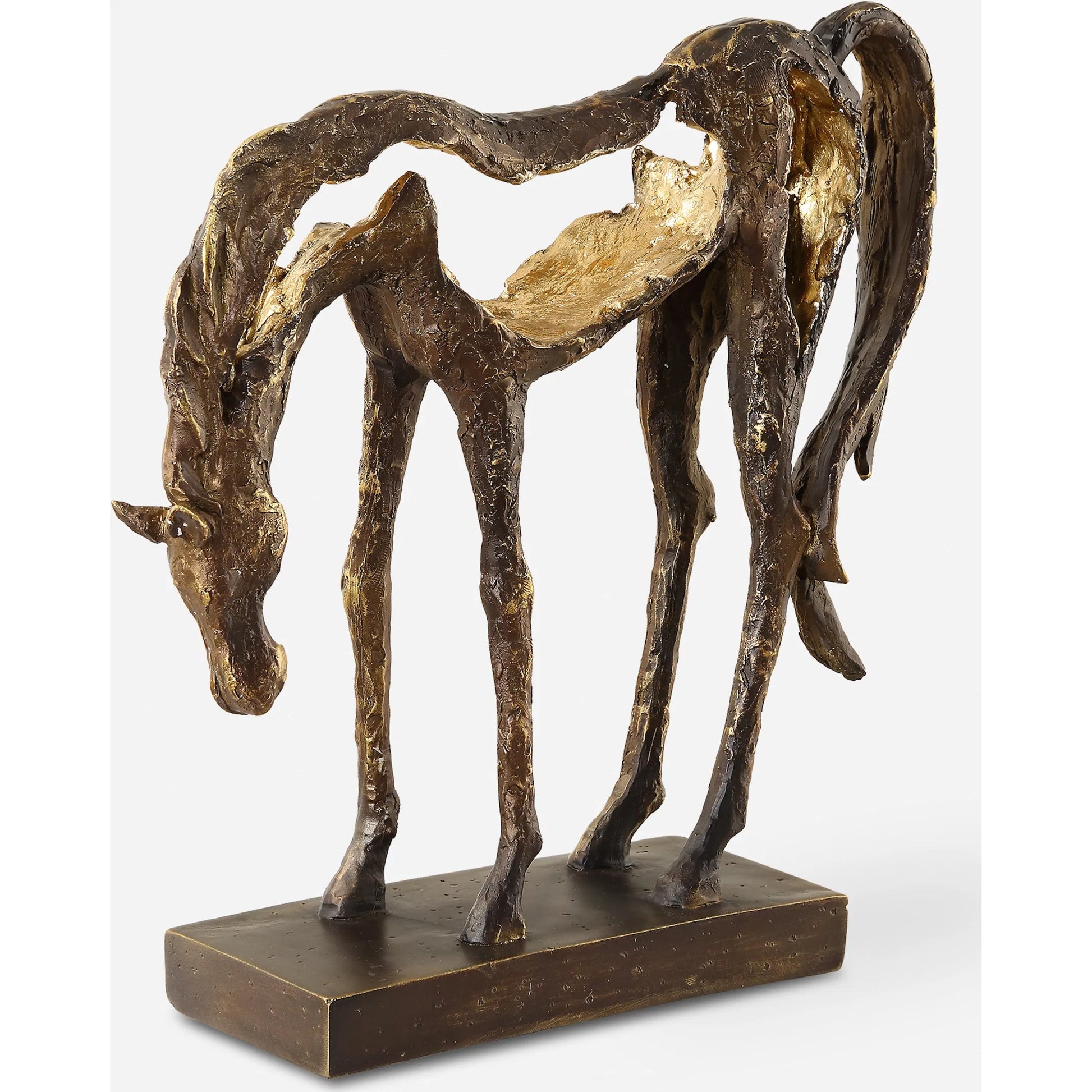 Openly Grazing Horse Sculpture by Uttermost in antique bronze. Made from polyresin in a unique style.