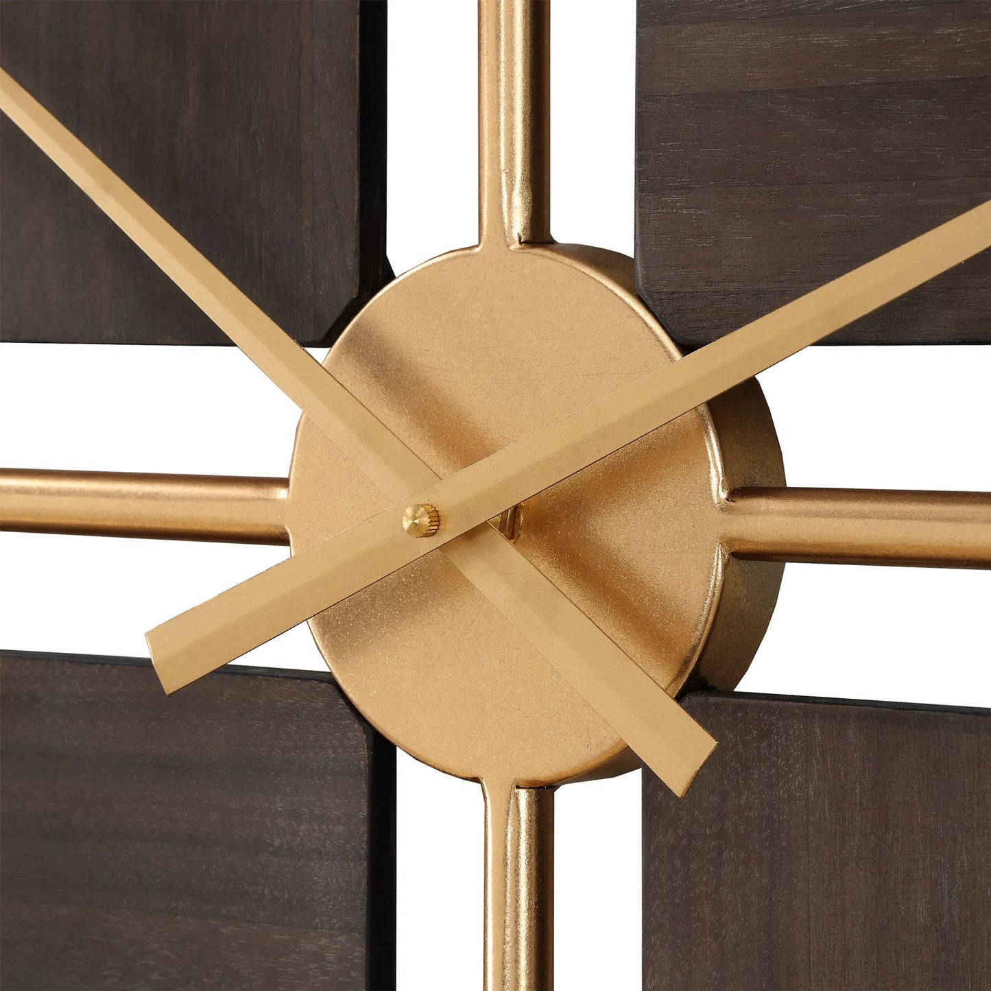 004 SI-2262104 | Closeup | Elegance Wall Clock by Uttermost in gold. Made from mdf, iron, walnut veneer in a modern style.