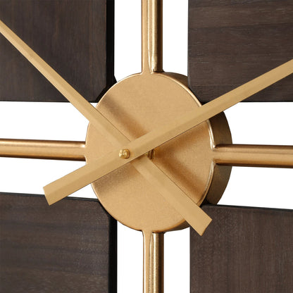 Elegance Wall Clock by Uttermost in gold. Made from mdf, iron, walnut veneer in a modern style.