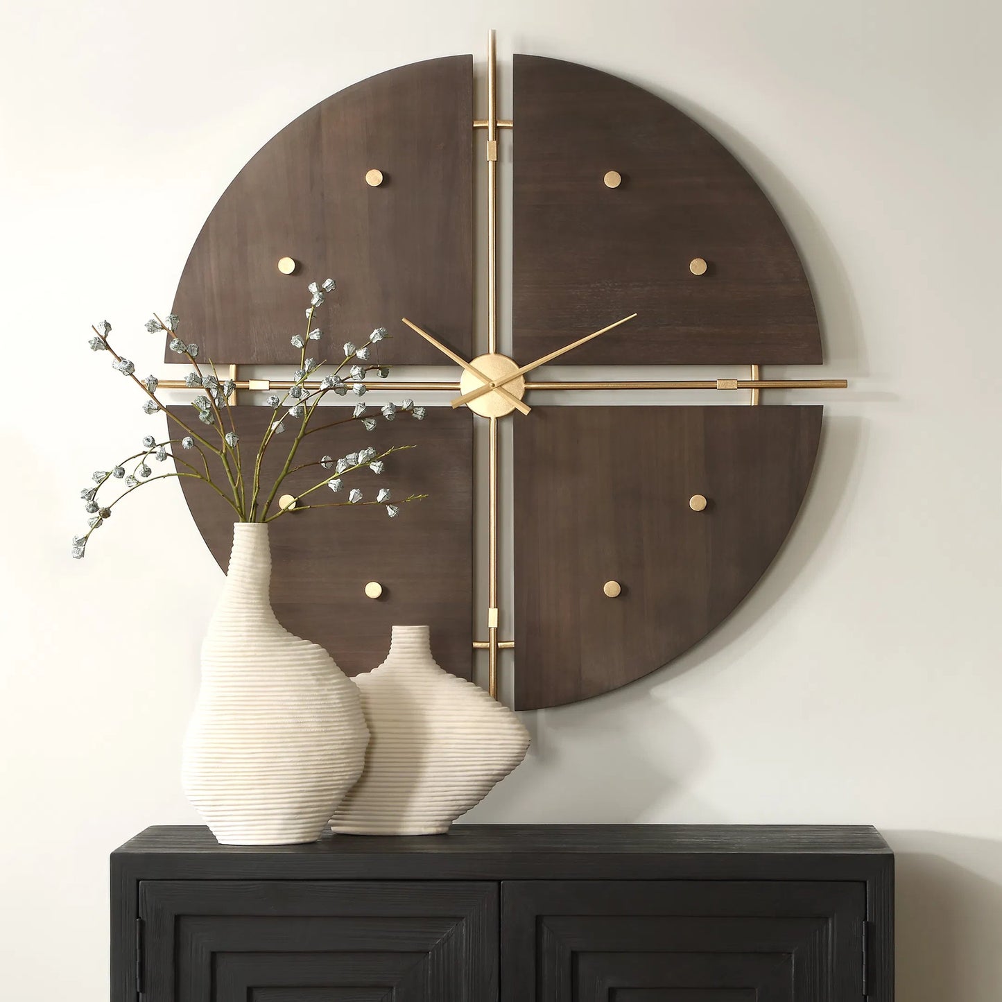 001 SI-2262104 | Lifestyle | Elegance Wall Clock by Uttermost in gold. Made from mdf, iron, walnut veneer in a modern style.