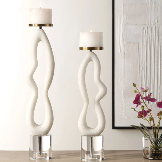Feamelo Candleholders by Uttermost in brass. Made from steel, white rice stone, crystal in a unique style.