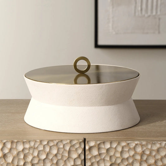 Luxe Shagreen Round Box by Uttermost in brass. Made from metal, shagreen in a unique style.